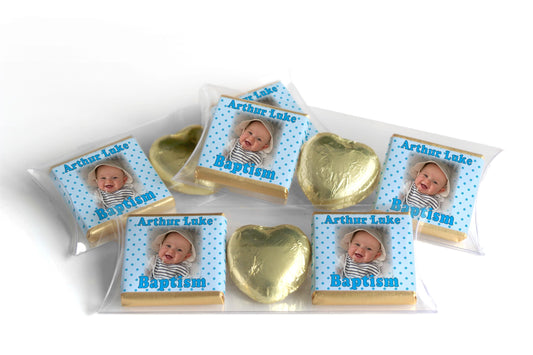 Choc Heart Trio Baptism Chocolates - Personalised Favours - Neapolitan Chocolates - Spotty Blue V1