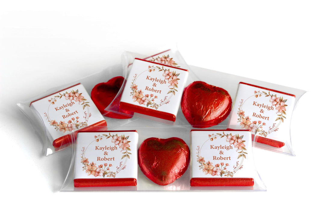 2 Choc Heart Trio Floral Wedding Chocolates - Personalised Favours - Neapolitan Chocolates - V24