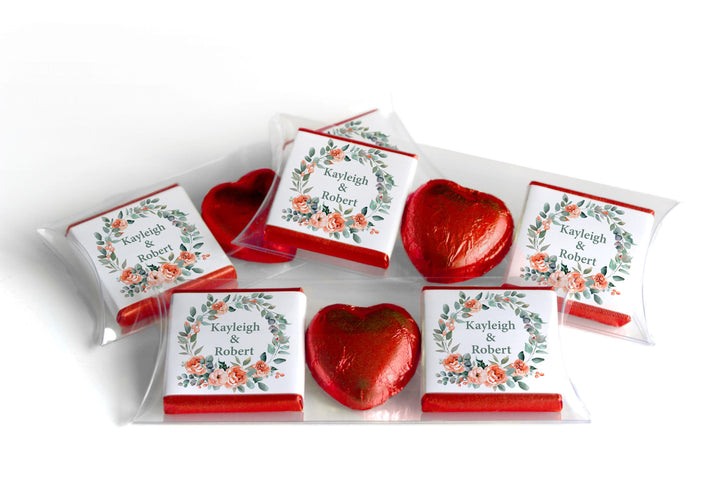 2 Choc Heart Trio Floral Wedding Chocolates - Personalised Favours - Neapolitan Chocolates - V25