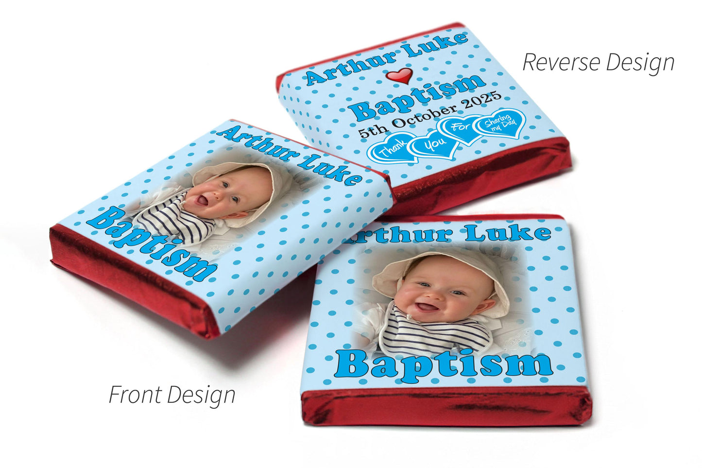 Baptism Chocolates - Personalised Favours - Neapolitan Chocolates - Spotty Blue - V1