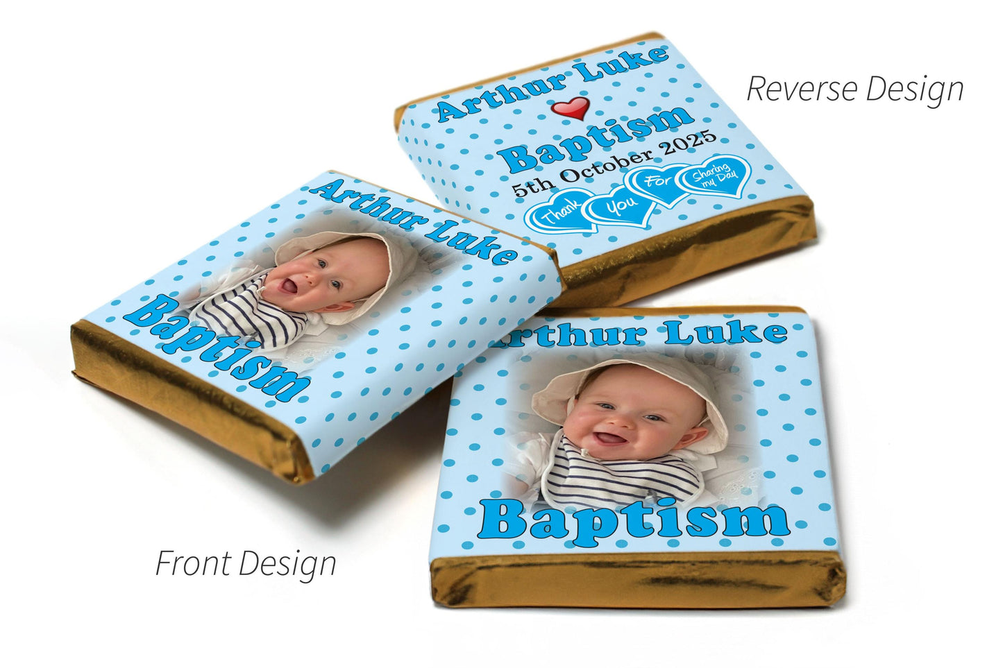 Baptism Chocolates - Personalised Favours - Neapolitan Chocolates - Spotty Blue - V1