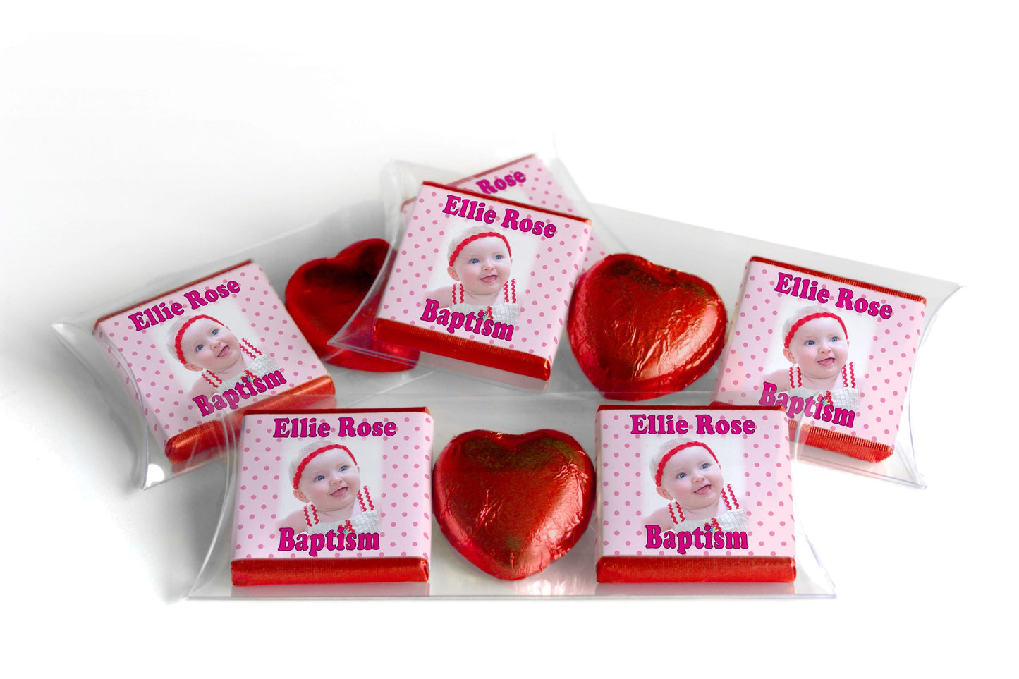 Choc Heart Trio Baptism Chocolates - Personalised Favours - Neapolitan Chocolates - Spotty Pink V1
