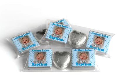 Choc Heart Trio Baptism Chocolates - Personalised Favours - Neapolitan Chocolates - Spotty Blue V1