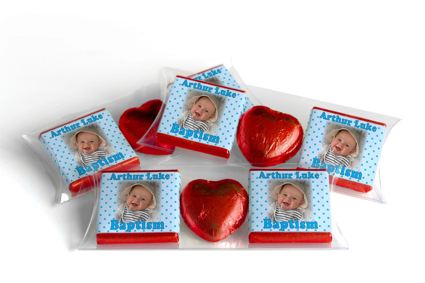 Choc Heart Trio Baptism Chocolates - Personalised Favours - Neapolitan Chocolates - Spotty Blue V1