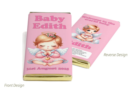 Baby Shower Chocolate Bars - Personalised Favours - 80g Milk Chocolate Bars in Gold & Silver Foils with image - V6 Girl