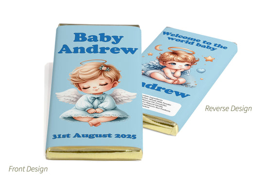 Baby Shower Chocolate Bars - Personalised Favours - 80g Milk Chocolate Bars in Gold & Silver Foils with image - V6 Boy