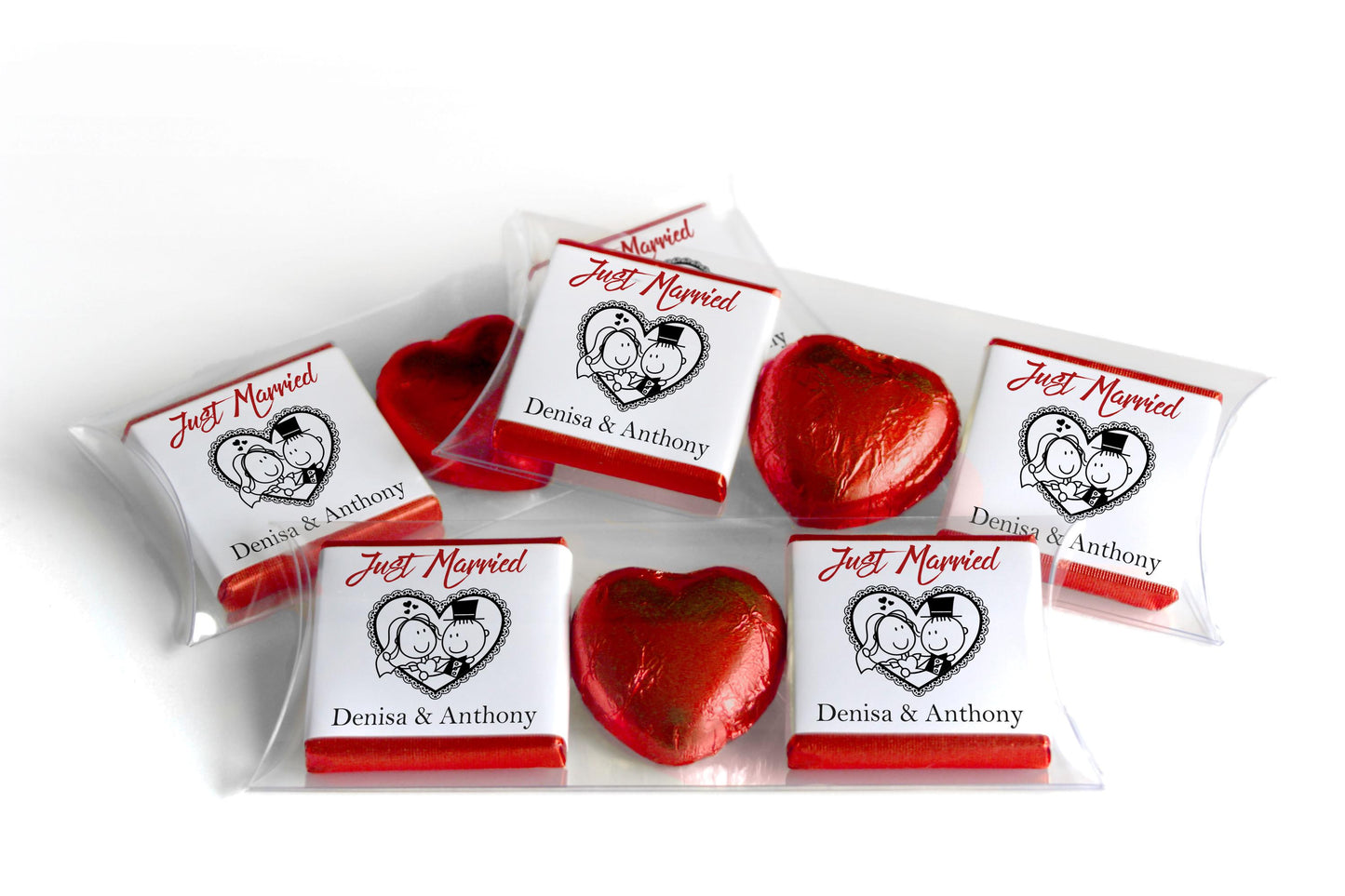 2 Choc Heart Trio Wedding Chocolates - Personalised Favours - Neapolitan Chocolates - V14