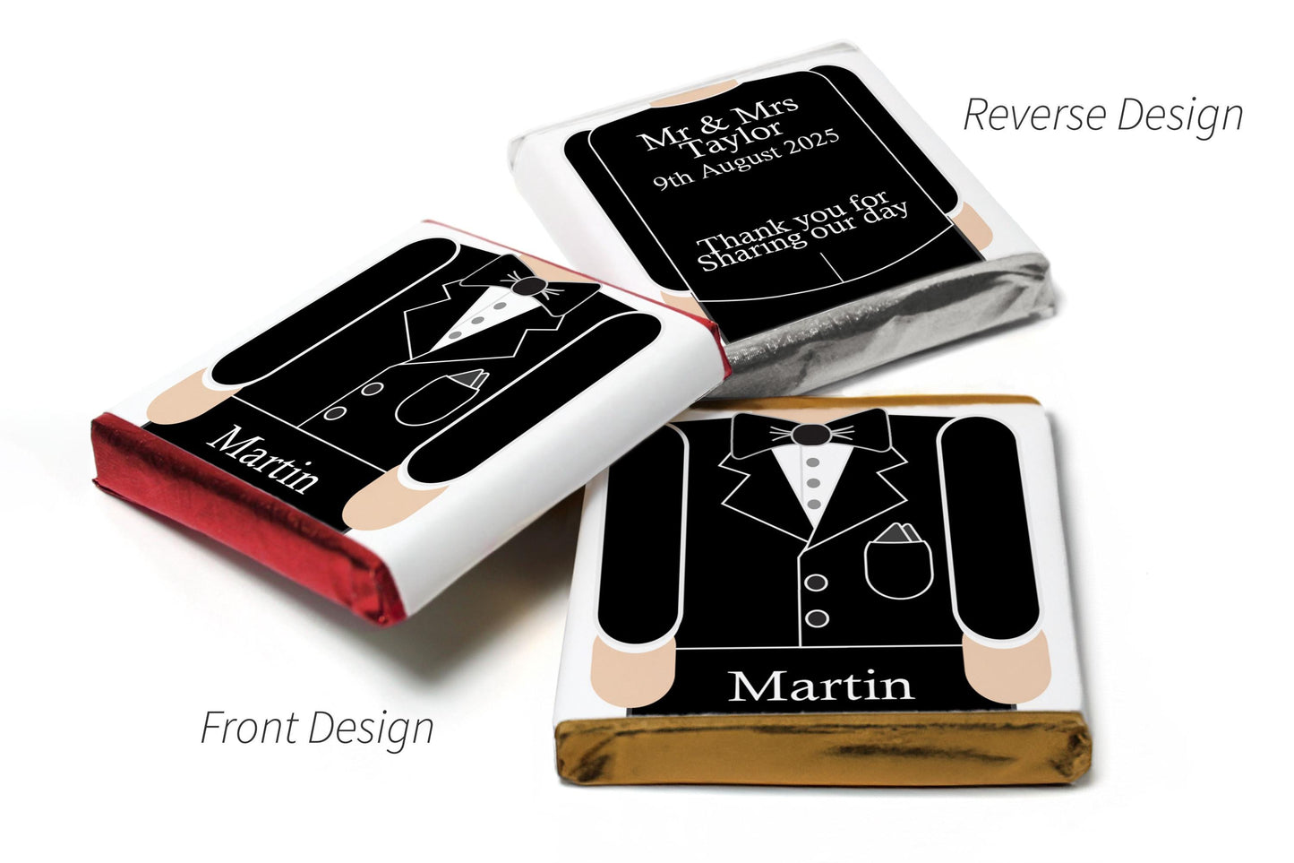 2 Choc Heart Trio Wedding Chocolates - Personalised Favours - Neapolitan Chocolates - Bride & Groom