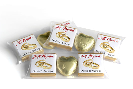 2 Choc Heart Trio Wedding Chocolates - Personalised Favours - Neapolitan Chocolates - V11 - Gold Rings
