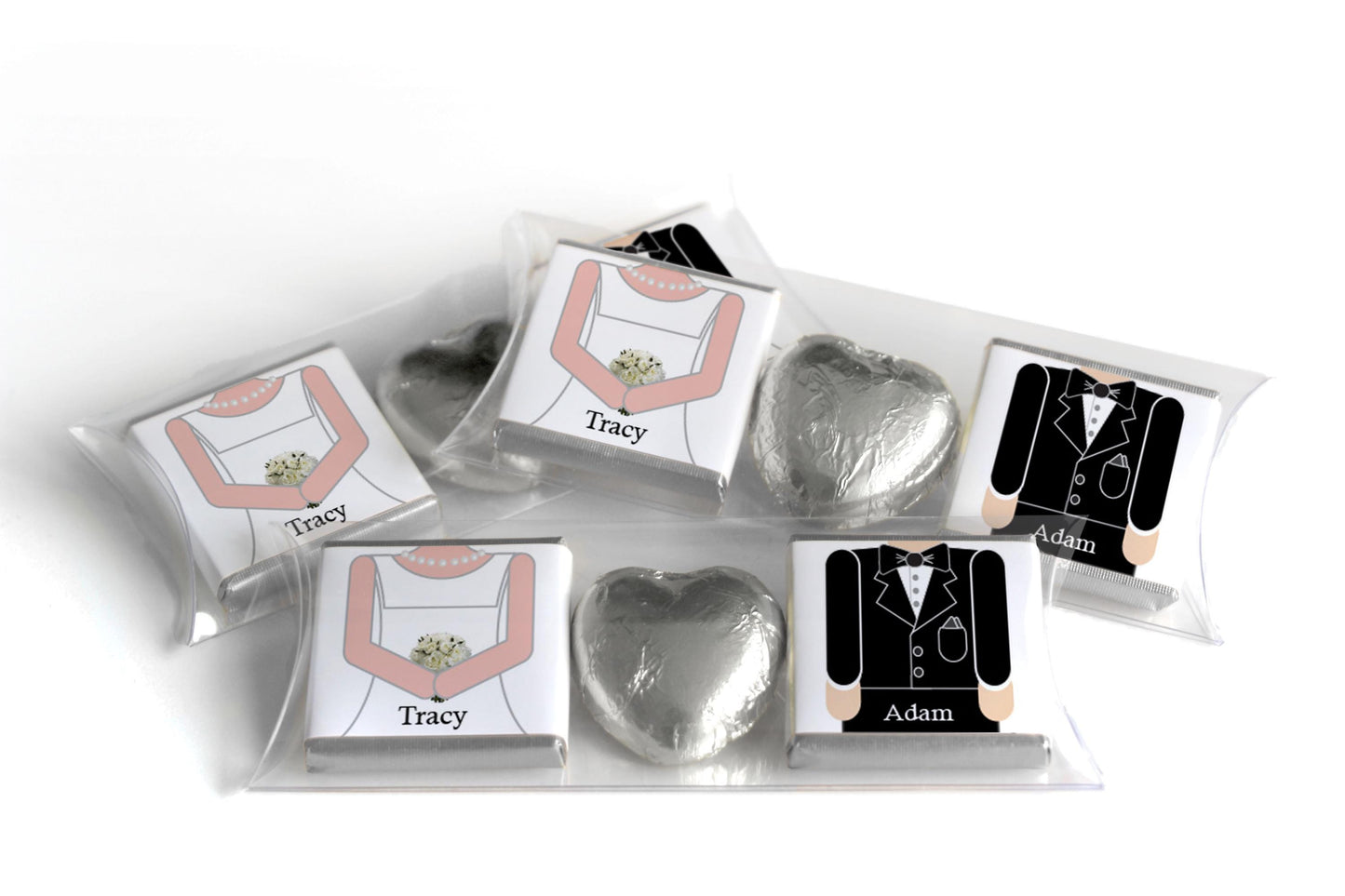 2 Choc Heart Trio Wedding Chocolates - Personalised Favours - Neapolitan Chocolates - Bride & Groom
