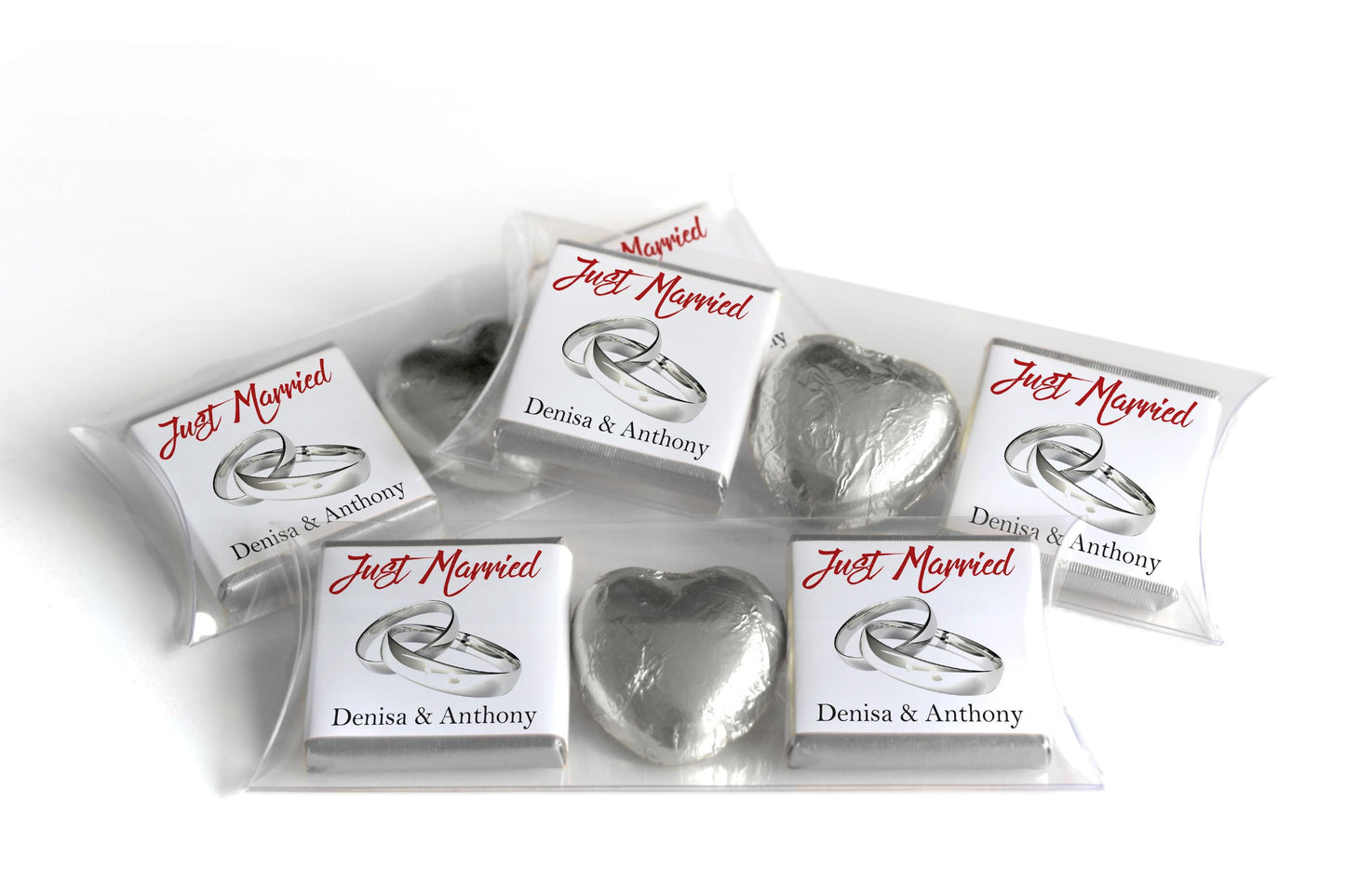 2 Choc Heart Trio Wedding Chocolates - Personalised Favours - Neapolitan Chocolates - V11 - Silver Rings