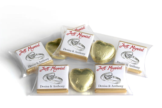 2 Choc Heart Trio Wedding Chocolates - Personalised Favours - Neapolitan Chocolates - V11 - Silver Rings
