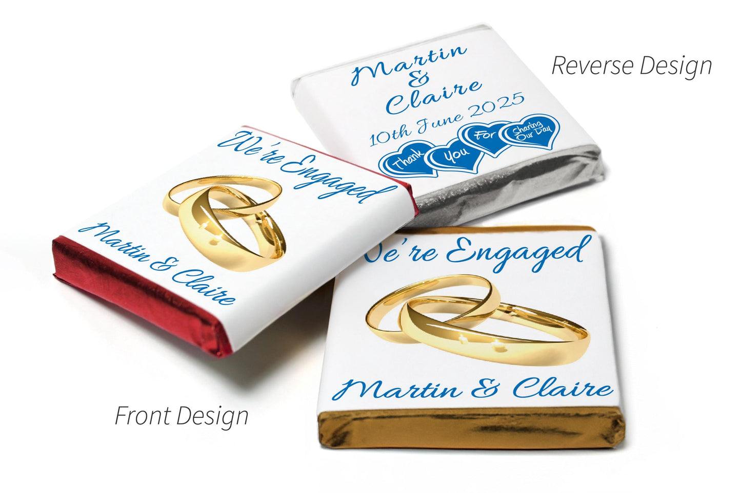 2 Choc Heart Trio Engaged Chocolates - Personalised Favours - Neapolitan Chocolates - V1 - Gold Rings