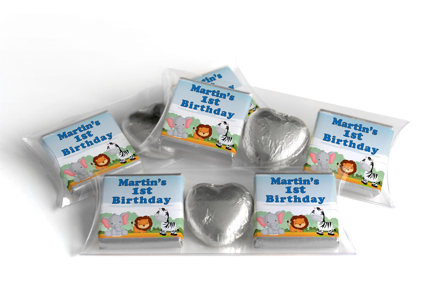 Choc Heart Trio Birthday Gifts - Jungle - Personalised Favours - Neapolitan Chocolates - Blue Text
