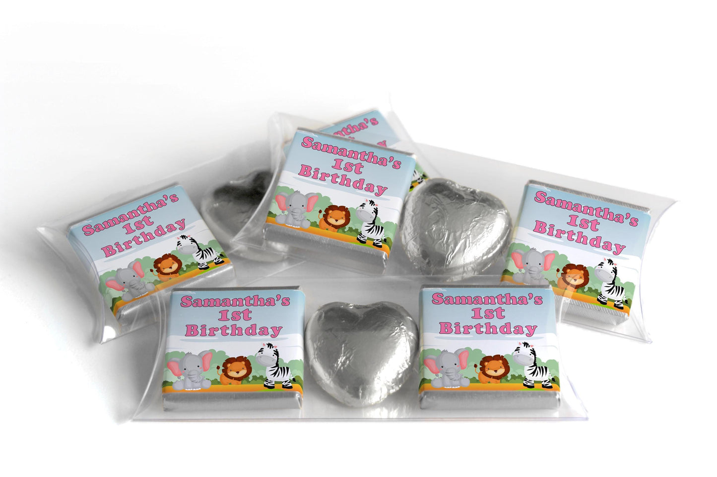 Choc Heart Trio Birthday Gifts - Jungle - Personalised Favours - Neapolitan Chocolates -Pink Text
